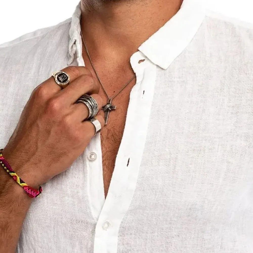 

Western Style Casual Men Shirt Spring Summer 2021 Fashion Temperament Loose Single-breasted White Lapel Long Sleeve