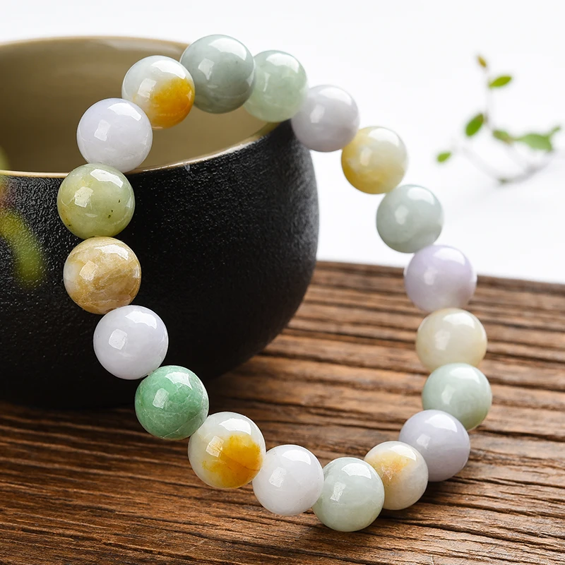 

Изумруд браслет, Подлинная бирманская натуральный карго ледяной восковой нефрит ручной шнурок круглые бусины три цвета желтый зеленый изу...