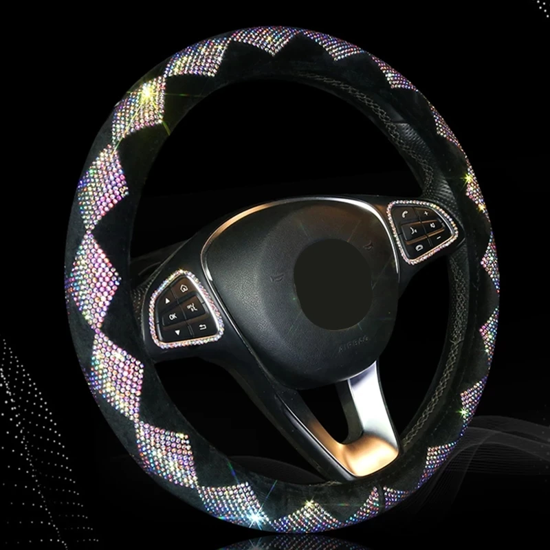 

Car Accessories For Girls Funda Volante Coche Rhinestones Steering Wheel Cover Plush Auto Colorful Pokrowiec Na Kierownice