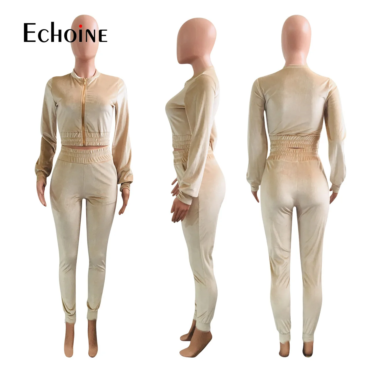 

Echoine Autumn Women Velvet Tracksuits Outfits Lady Sexy V-neck Zipper Coats Skinny Sport Pants party Sweatsuit Two Piece Set
