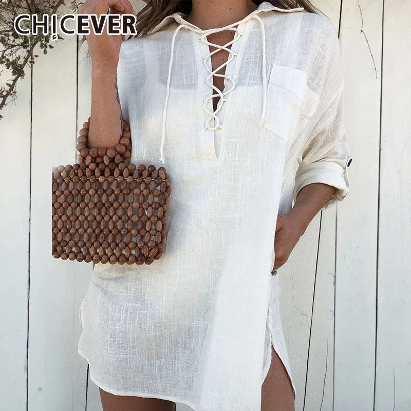 Женская льняная блузка CHICEVER белая Повседневная Блузка с отворотом и длинными