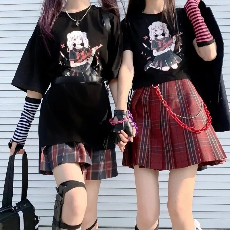 

Japanese anime Cartoon Print Lady T-shirts Top T Shirt Ladies Female Summer Short Tee clothes punk vintage black Womens Kawaii