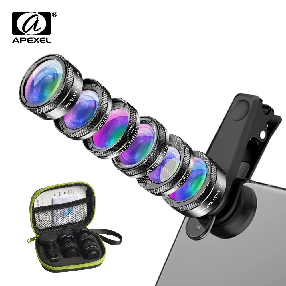 

APEXEL Universal 6 in 1 Phone Camera Lens Kit Fish Eye Lens Wide Angle macro Lens CPL/StarND32 Filter for almost all smartphones