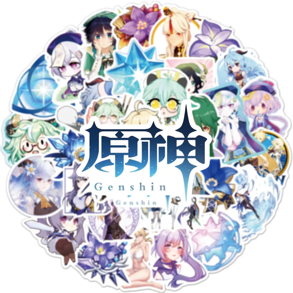 Genshin-calcoman&iacute;as de Anime de mundo abierto para ni&ntilde;os, calcoman&iacute;as de juego de Anime de impacto de 10/30/50 uds, impermeables, para ordenador port&aacute;til, tel&eacute;fono, motocicleta, monopat&iacute;n-3