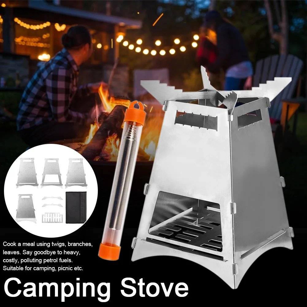 

Camping Stove Portable Folding Backpacking Rustproof Stainless Steel Firewood Burning BBQ Survival Lightweight Accessories