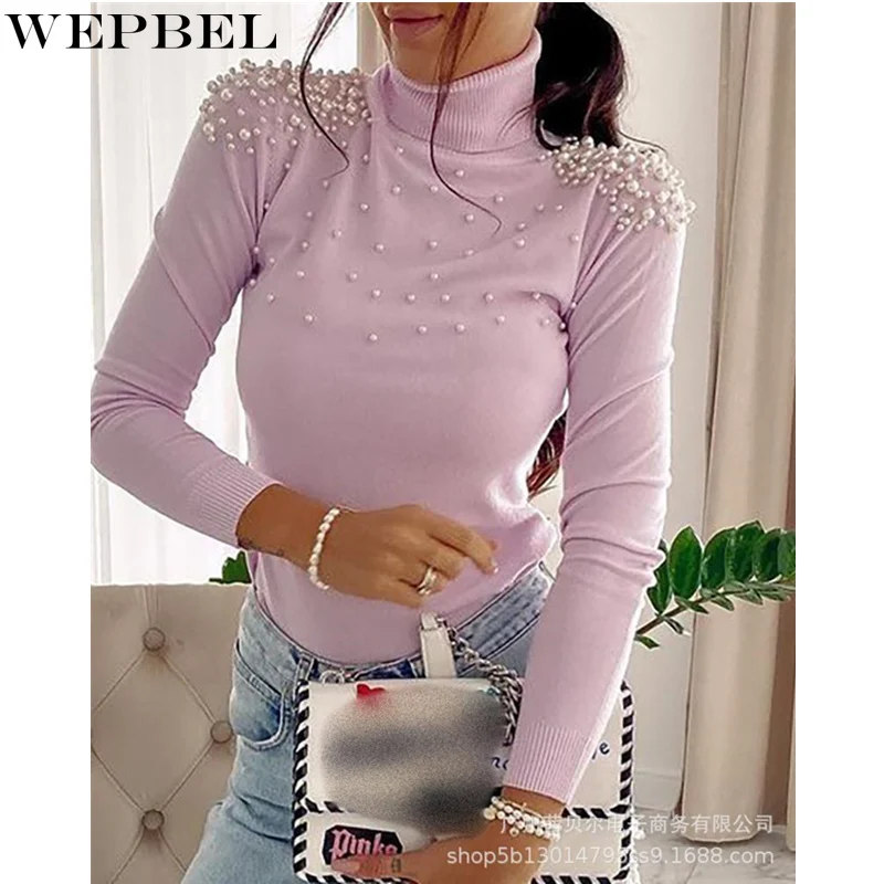 

Женский элегантный пуловер WEPBEL с жемчугом, свитер, женская сексуальная модная Водолазка с длинным рукавом, облегающая трикотажная одежда