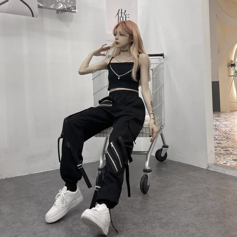 

women Gothic Harajuku White Cargo Pants Women High Street Style High Waist Pockets Wide Leg Hip Hop Black loose Trousers Female