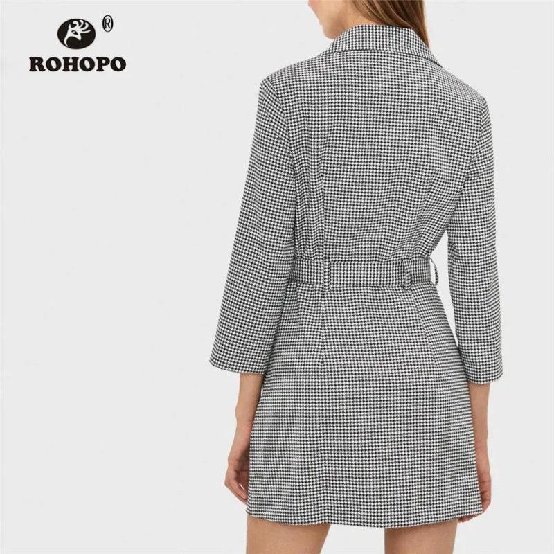 ROHOPO Зубчатый воротник пояс Хаундстут мини осень серое платье с длинным рукавом