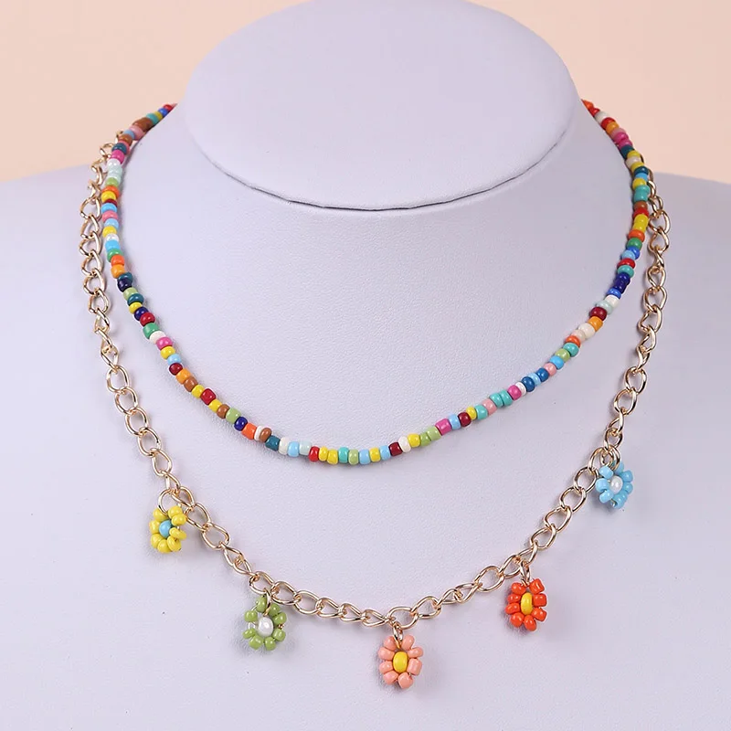 

Kpop Bohemian Multicolor Beaded Necklaces For Women Boho Gold Color Metal Chain Handmade Flower Necklace Jewelry 2021 Neck Chain