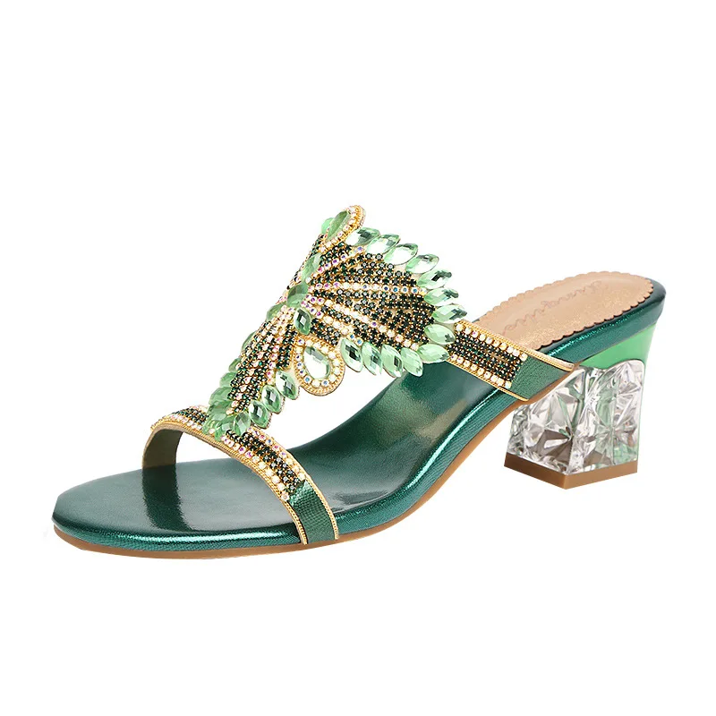 

sexy thick-heeled shoes heel cool middle-heeled and all-match Rhinestone sandals and slippers women's slippers
