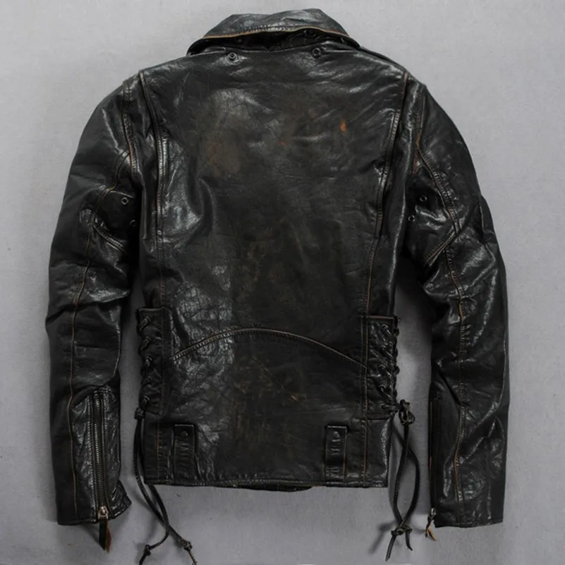 

vintage leather italy motorcycle jacket men adjustable waist slim fit biker jacket male fashion real leather jacket for men