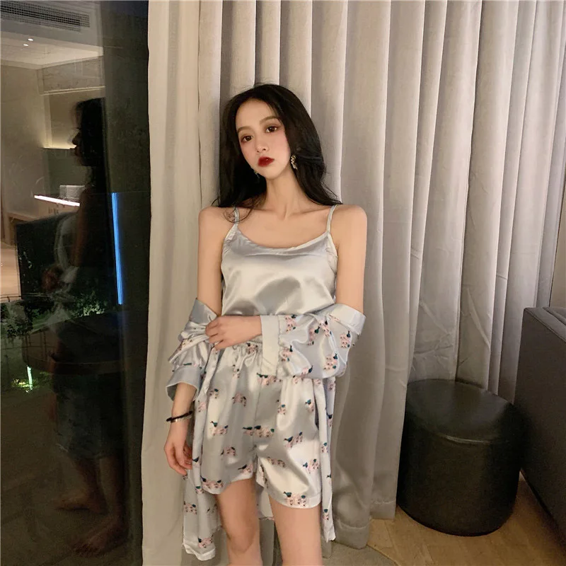 Женские пижамы с рисунком халат шорты на бретельках модные летние из трех