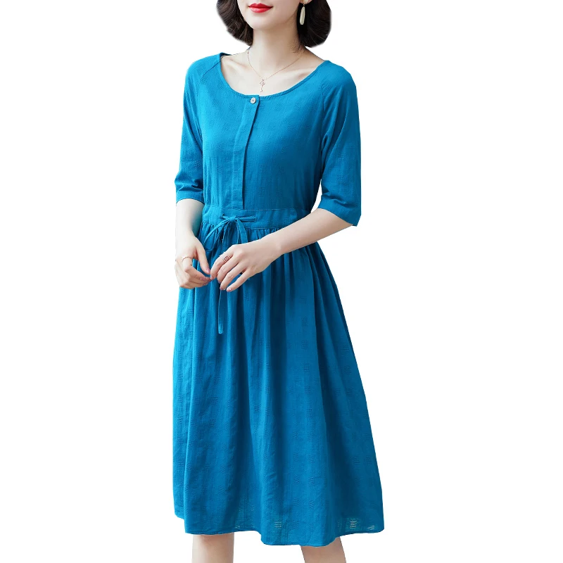 

Cotton and linen dress women's thin summer new loose loose knee straps waist slimming literary retro dress