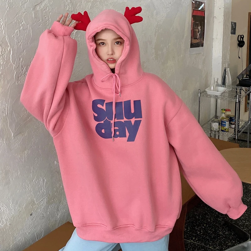 

Women 's Hoodie Christmas Antlers Cartoon Hooded New Year Dinosaur Kawaii Loose Pullover Streetwear Winter Coat Thick 2022 New