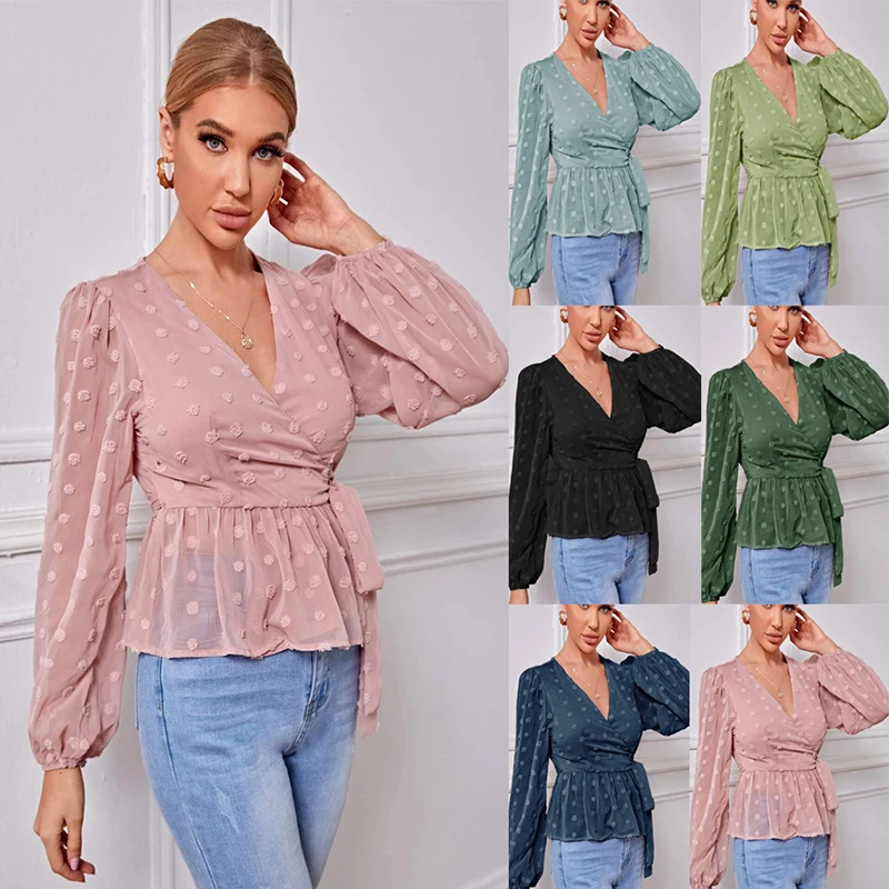 Women Blouse Tops Long Sleeve Shirt Sexy Blusas De Mujer Solid Slim Pullovers With Belt Fashion Women's Clothing 2022 Spring