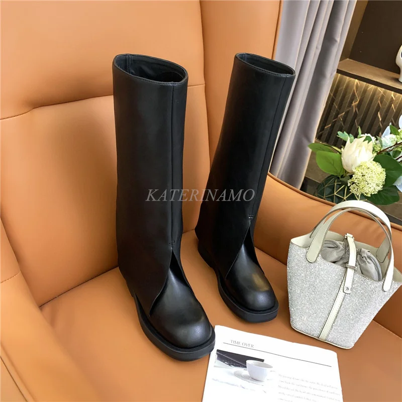

Brand Designer Genuine Leather Trousers Boots Women Flats Round Toe Leisure Ladies Trendy Knight Boots Shoes Botas 2021 Hot Sale