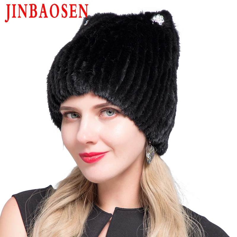 JINBAOSEN/зимняя женская шапка из меха норки вязаный свитер новая мода кошачьи ушки