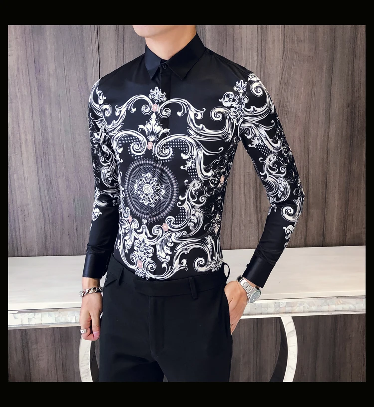 Мужская рубашка с принтом пейсли, Camisa, облегающая мужская деловая рубашка для мужчин, облегающая Корейская одежда, мужская рубашка для выпускного вечера