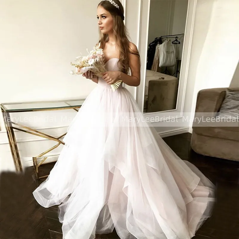 

MaryLeeBridal Sweetheart Blush Pink Wedding Dresses 2021 Lace Up Back Ruffle Tulle Skirt Customize Bridal Dress With Sweep Train