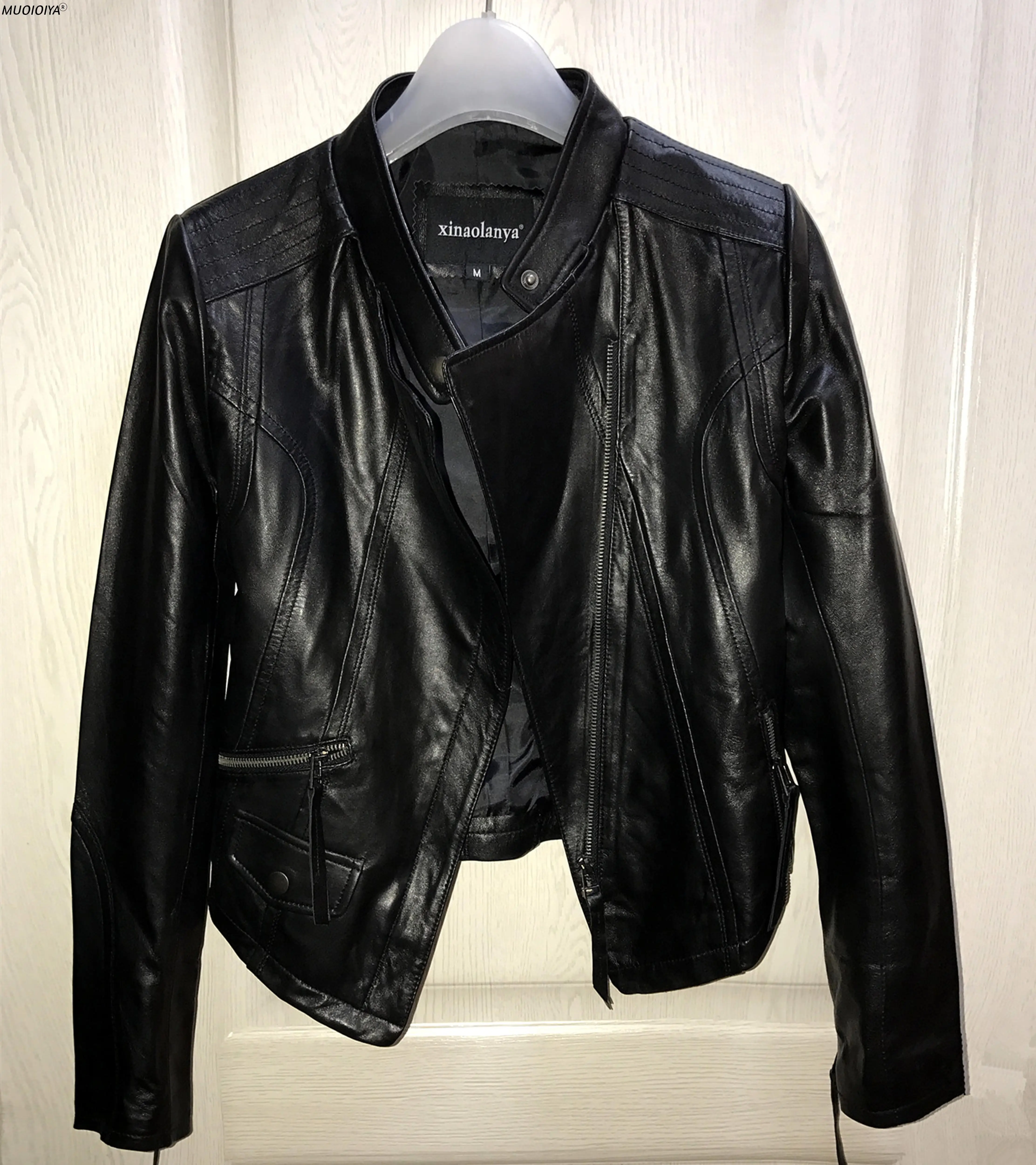 

Дешевая фабричная Женская обувь черного цвета из натуральной кожи куртка из натуральной овечьей кожи; Женские Короткие Slim Fit кожаная мотоци...