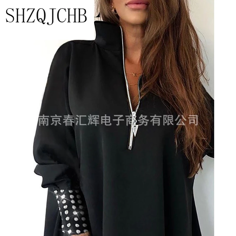 

JCHB Women Elegant Diamond Zipper Loose Sweatshirt Pullover Top Ladies Sexy Long Sleeve Turtleneck Hoodies
