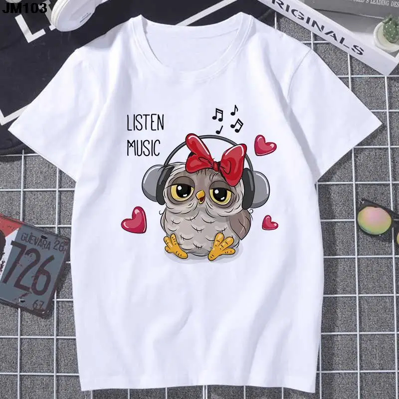 

Fashion Anime Clothing White Top T-shirt Cartoon Animal Listening To Music Printing Tshirt Harajuku Women's Short Sleeve T Shirt