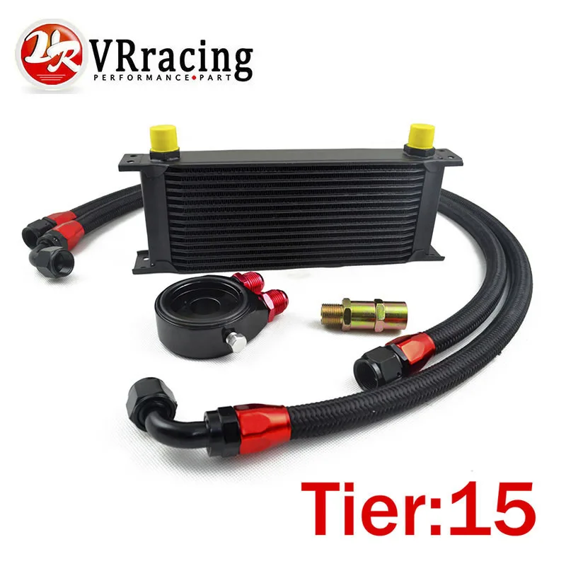 

VR - UNIVERSAL 15 ROWS OIL COOLER+OIL FILTER SANDWICH ADAPTER BLACK + SS STAINLESS STEEL BRAIDED AN10 HOSE