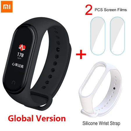 White strap 2 film Xiaomi mi Band 4 умный Браслет 0,96 ''AMOLED цветной сенсорный экран для сердечного ритма фитнес 5ATM водонепроницаемый браслет mi band 4 NFC - Цвет: White strap 2 film