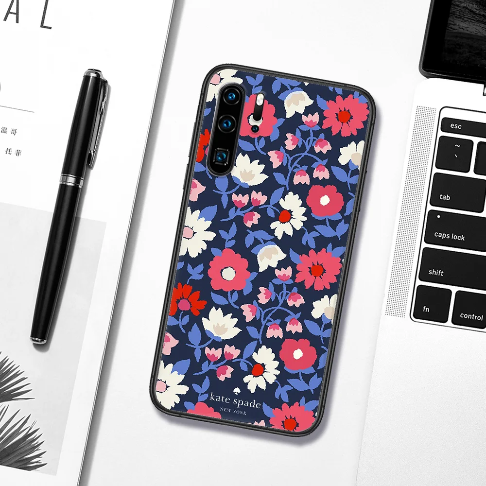 

Luxury Brand Kate Pink Flower Phone Case For Huawei P Mate 10 20 30 40 Pro Lite Smart 2019 2021 black Coque Silicone Cover Tpu