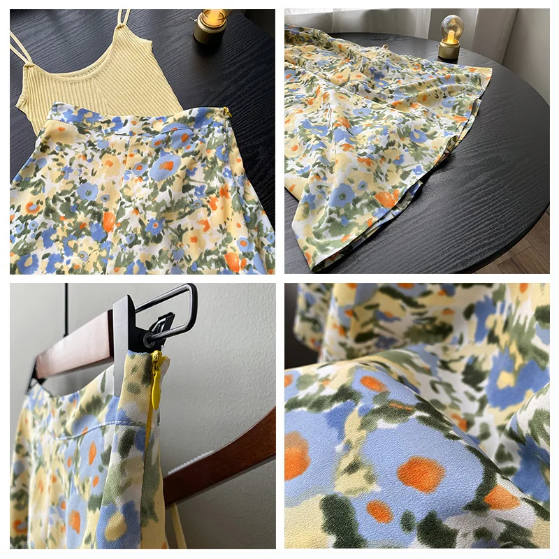 Женская юбка-трапеция средней длины с высокой талией голубая юбка цветочным