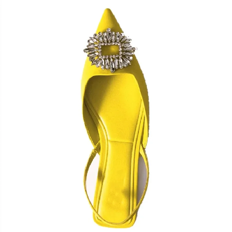 

ZA Shoes Women's Flat Sandals 2021 New Summer Yellow Rhinestone Buckle Slingbacks Pumps Pointed Toe Flat Elegant Wedding Shoes