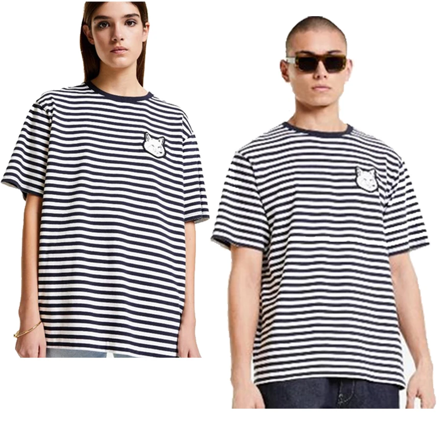 21 summer new style casual refreshing black white stripes embroidered fox head O neck versatile lovers short sleeve T-shirt