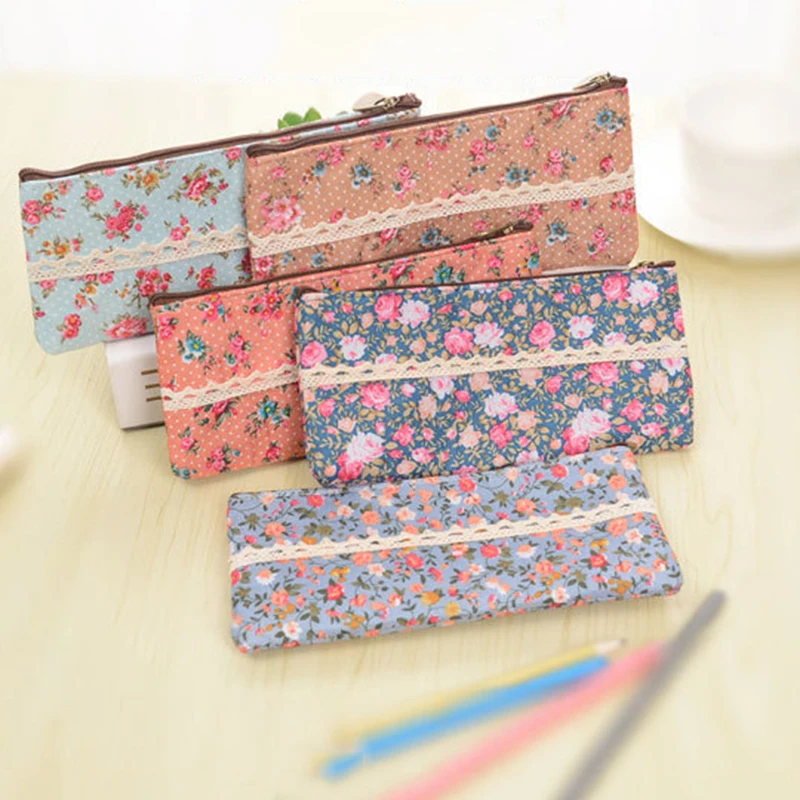 Пенал тканевый большой с цветочным рисунком креативный милый чехол для ручек и