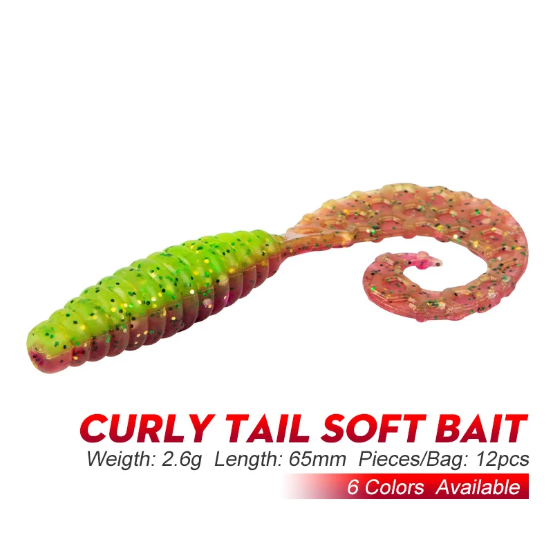 

10PCS 65mm 2.6g Curved Tail Soft Jigging Lure Artificial Grub Worm Bait Artificial Silicone Fishing Lure Swimbait Jig Wobbler