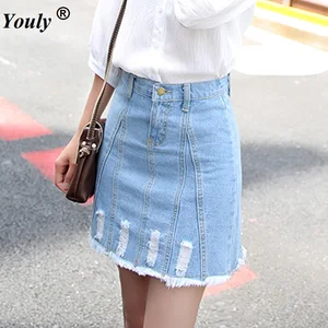 Sexy Women Tassels Hole Denim Mini Skirt Fashion Summer High Waist Korean Skirt Blue Package Hip Jeans Harajuku Cotton