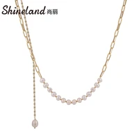 shineland 2021 unique link chain layer nature pearl pendant necklace for women party weeding minimalist high quality bijoux