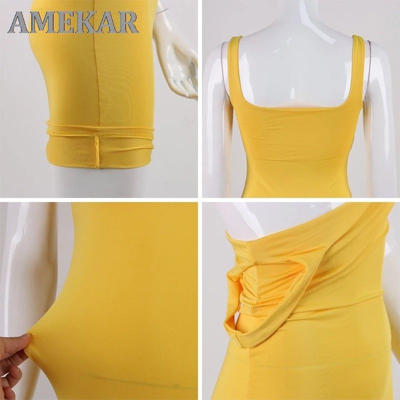 

Square Neck Sleeveless Bodycon Mini Dress Basic Women Summer Black Backless Party Sexy Yellow Clubwear 2021 Dresses