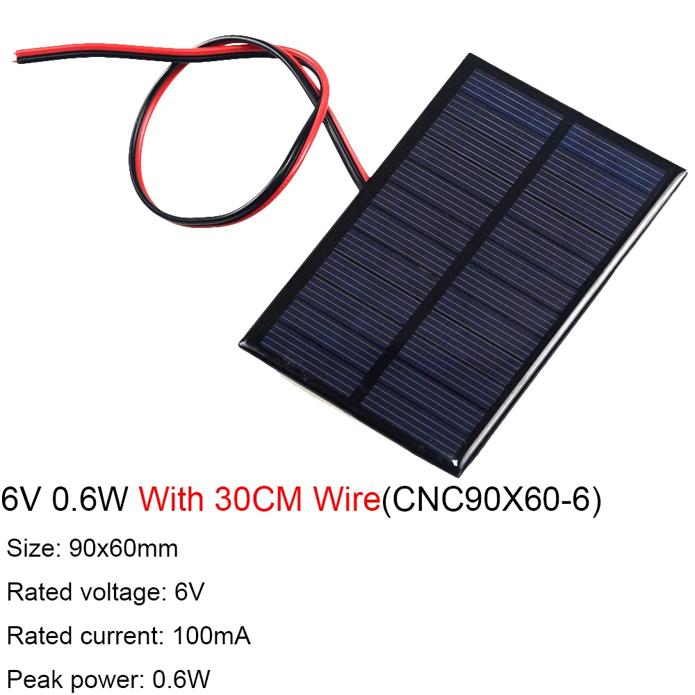 

Панель Солнечная 6 в с проводом 30, 100, 200 см, для самостоятельной сборки аккумуляторов, сотовых телефонов, зарядных устройств, 0,6 Вт, 1 Вт, 1,1 Вт, 2 Вт, 3 Вт, 3,5 Вт, 4,5 Вт, 6 Вт, 10 Вт