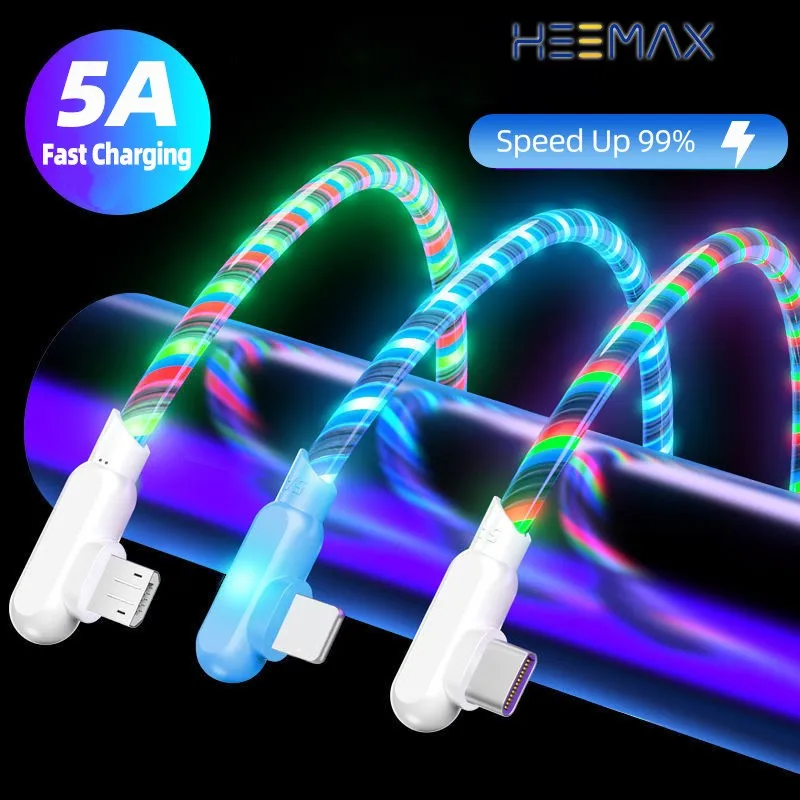 

5A Flowing Colors LED Glow USB Charger Micro USB Type C Data Cable for iphone Samsung Android Charge Wire Cord