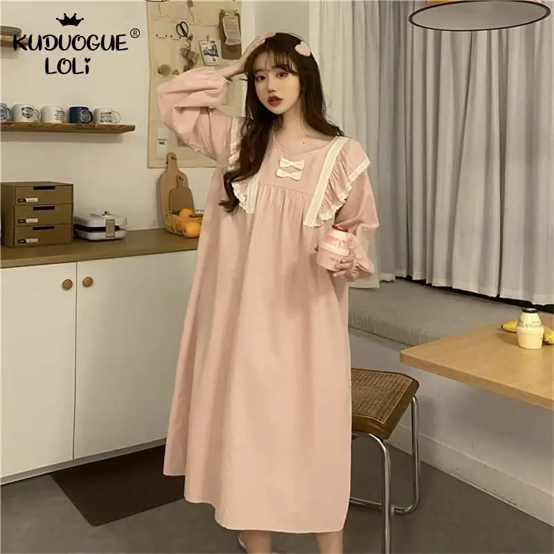

Sweet Women's Pajamas Summer Nightwear Girls Long-sleeve Ruffles Lace Nightdress Pale Pink Spring Autumn Two-piece Suit Homewear