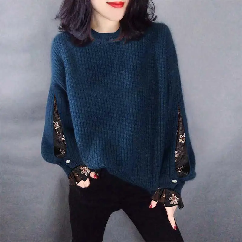

ZOGAA Women Fashion Net Yarn Loose Sweater Ladies 2020 Autumn Winter Round Neck Printed Black Yarn Warm Pullovers Knitwear Tops