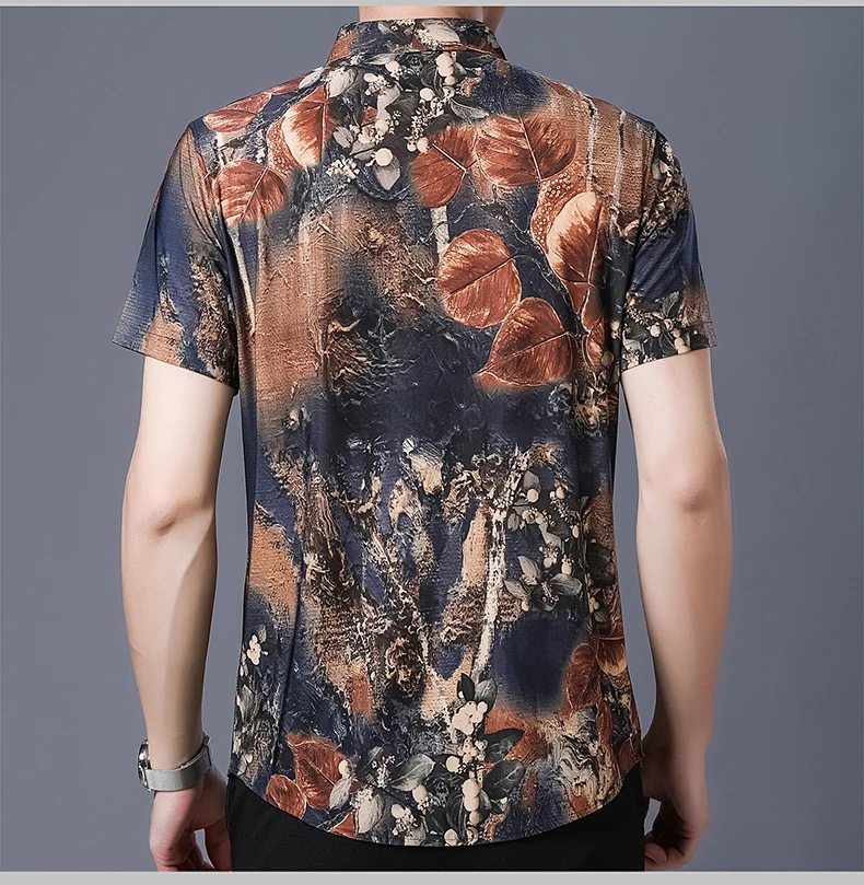 

Hawaiian Style Casual 80% Silk Shirts Men'S Short Sleeve Both Sides Print Chinese Nation Flower 2021 Beach Summer Clothes