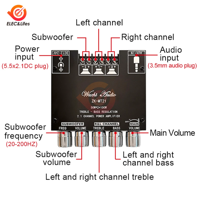Плата усилителя сабвуфера 12-24 В постоянного тока MT21 2 1 каналов Bluetooth 5 0 50 Вт x2 + 100