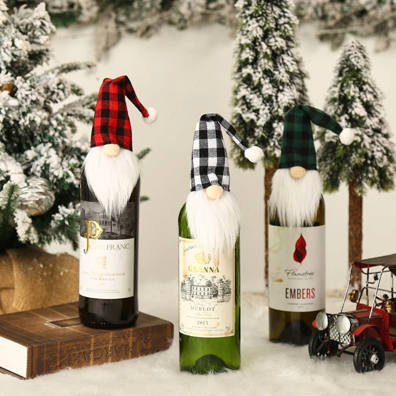 

3x Christmas Gnomes Wine Bottle Cover Christmas Hat Shape Gnomes Swedish Champagne Bottle Cover for Dinner Table Decor