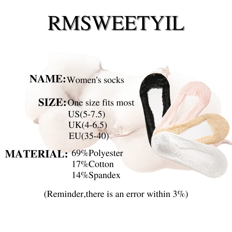

RMSWEETYIL 4Pairs Lace No Show Socks for Women Sheer Loafer Flat Liner Non Slip Invisible Low Cut Thin Bootie Ladies Dress Sock