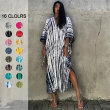2021 New Boho Retro Striped Plus Size Women Swimsuit Cover Up Summer Outing Sexy Bikini Wrap Beach Dress Beachwear Kimono Pareo