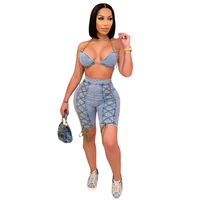 2021 summer style backless halter crop top knee length pants ribbons lace up denim two piece set sexy bandage outfits bodysuit