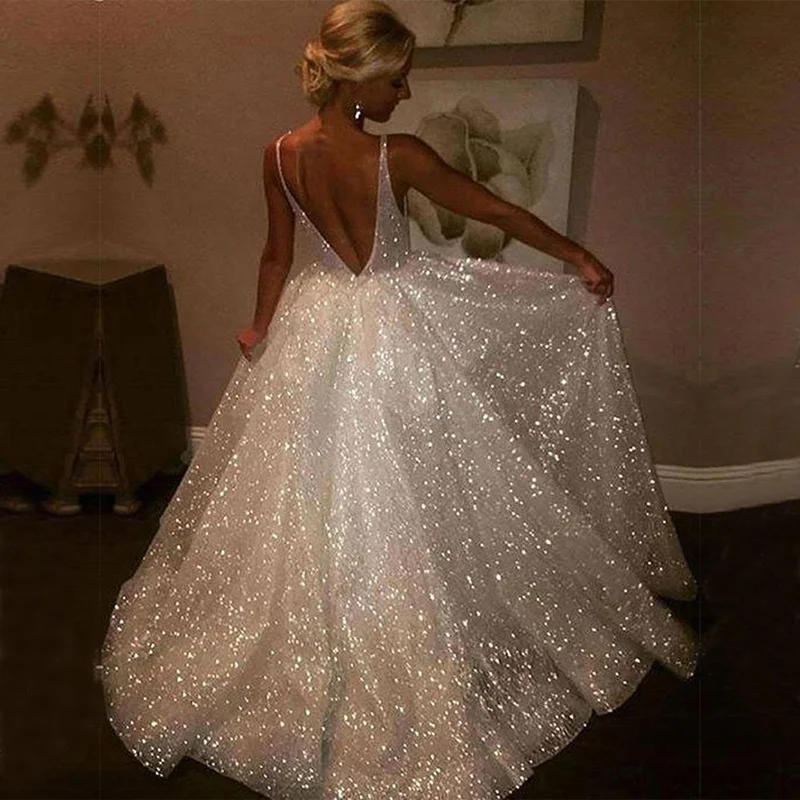 

luxurious2021 Beach Glitter Wedding Dress v neck Party Bridal Dresses vestido de noiva gelinlik Arabic mariee shiny Bridal Gowns