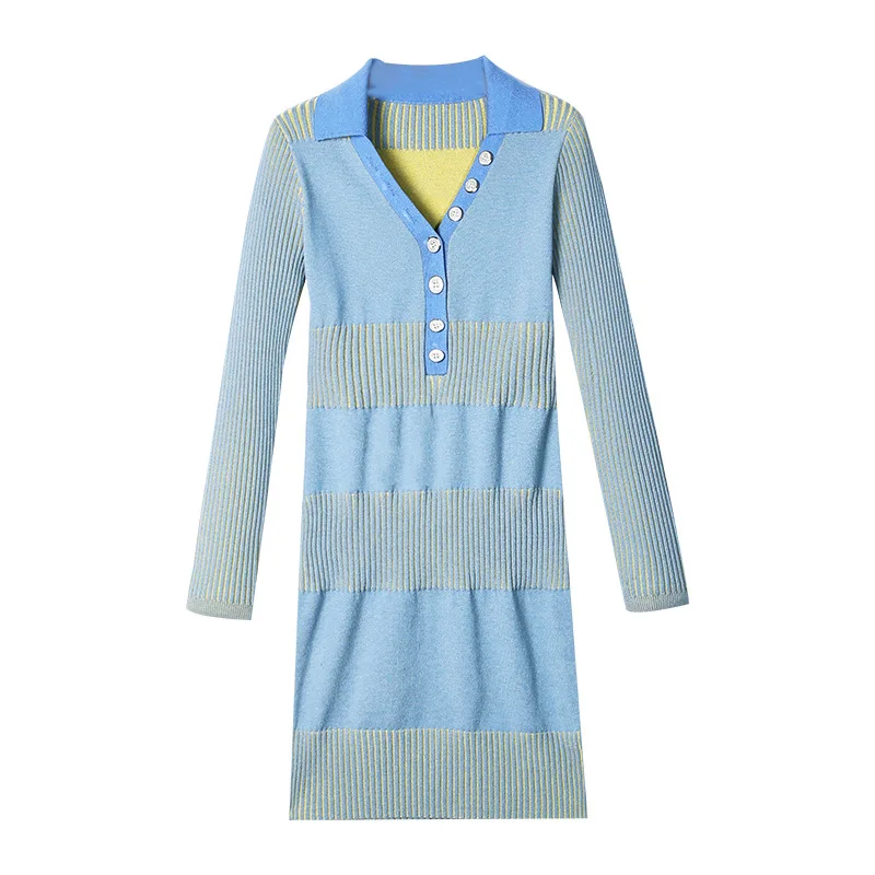 

BacklakeGirls Retro Block Color Mini Knitted Party Dress Fall Winter Lapel Long Sleeve Sexy Sheath Bodycon Sweater Dresses Women