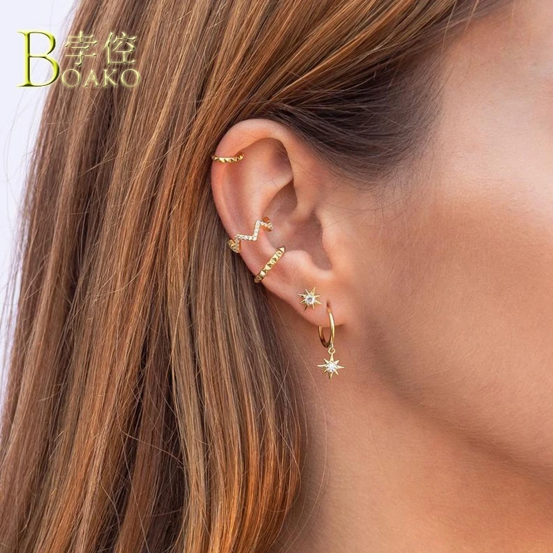 

Real 925 Silver Earrings For Women Gold Star Earrings Girl Ear Bone Piercing Earring Punk Female Small Zircon Stud aretes B5